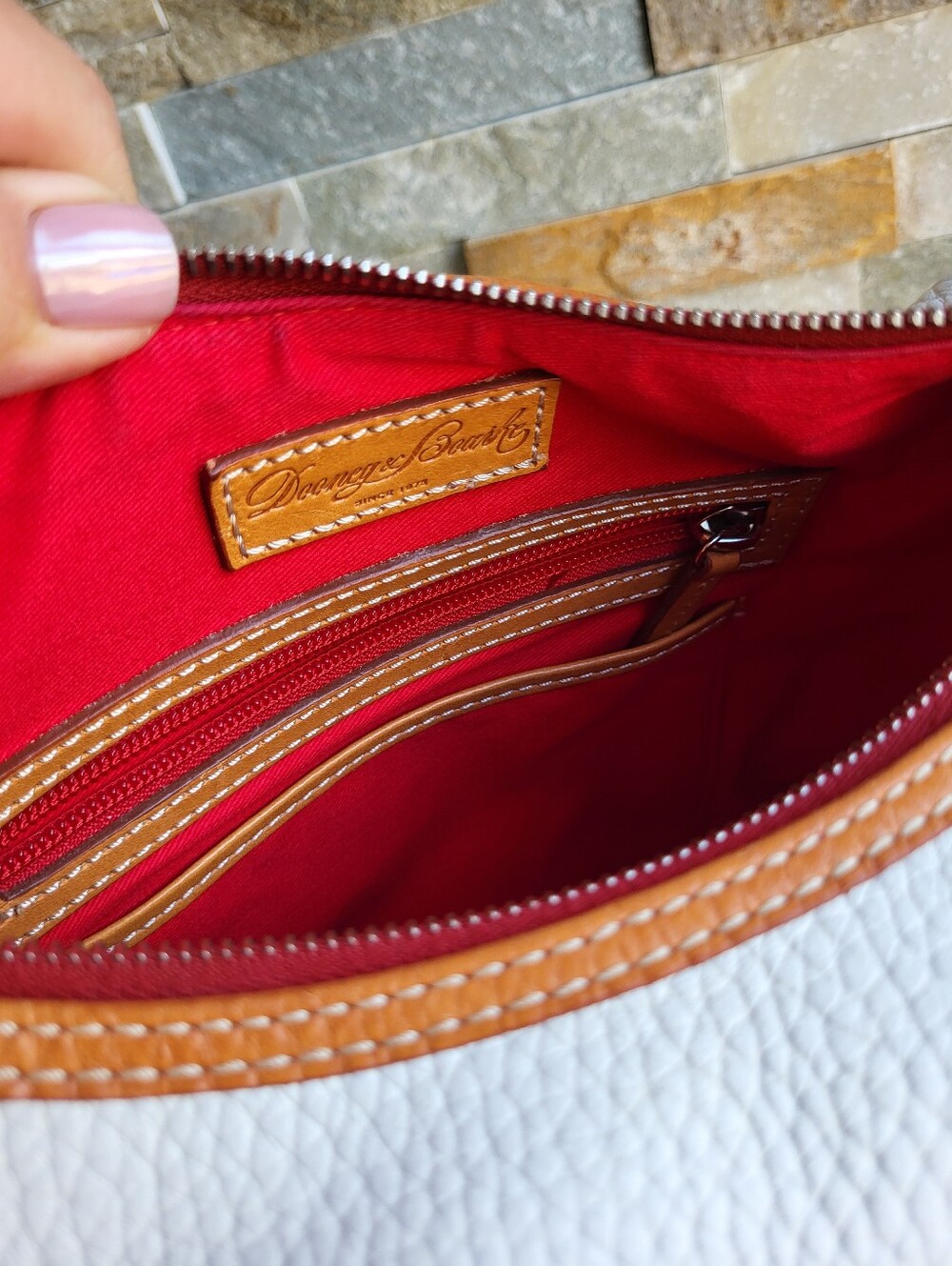 Dooney & Bourke Paige White Pebbled Leather Shoulder Bag with Tan Leather Trim - Picture 6 of 9